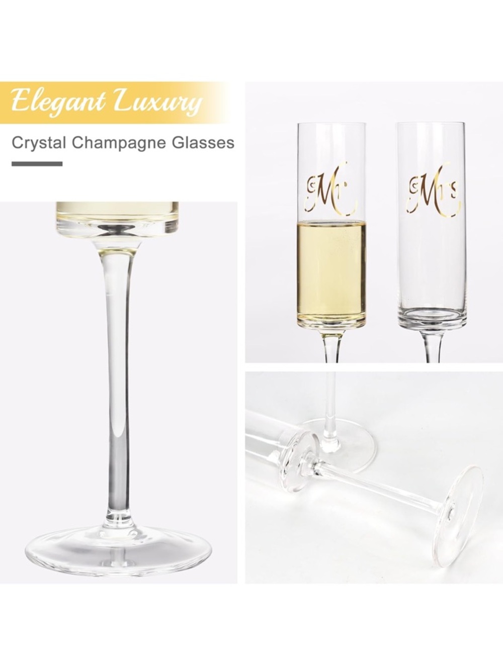 Crystal Champagne Flutes with Gold 'Mr' & 'Mrs' Lettering -